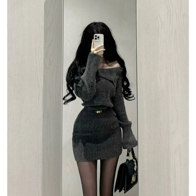 纯欲辣妹一字肩翻领针织连衣裙