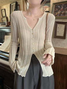 长袖 2025年早秋季 开叉纽扣设计感针织衫 V领开衫 冰丝防晒上衣 新款