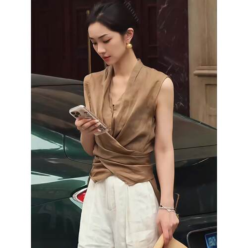 亚麻无袖衬衫掐腰小衫