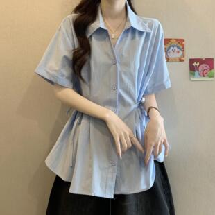 高级感轻奢蓝色短袖衬衫女2026新款夏季大码胖mm收腰绑带遮肚上衣