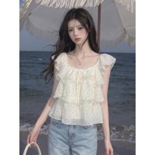 白色波点短袖上衣女夏法式小资荷叶边娃娃衫独特漂亮很仙雪纺衬衫