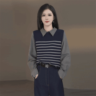 韩版 独特别致衬衣 宽松女士早秋上衣新款 洋气假两件拼接POLO领衬衫