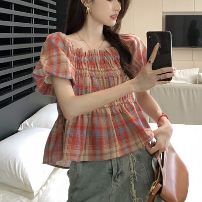 法式方领格子泡泡袖衬衫女夏