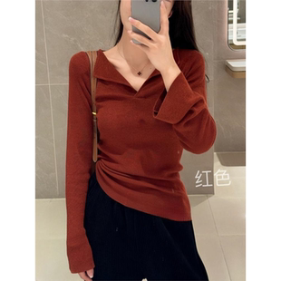 纯色V领修身 t恤上衣女2025春秋新款 软糯减龄纸片人亲肤针织打底衫