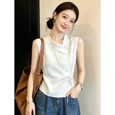 巨好看白色无袖衬衫女