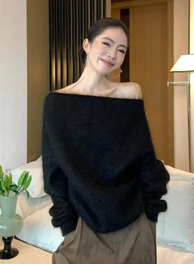 软糯黑色斜肩一字领水貂绒毛衣女秋冬宽松内搭可外穿打底针织上衣