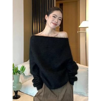 斜肩一字领水貂绒毛衣