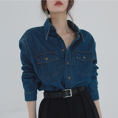 通勤单排多扣复古港风牛仔衬衫