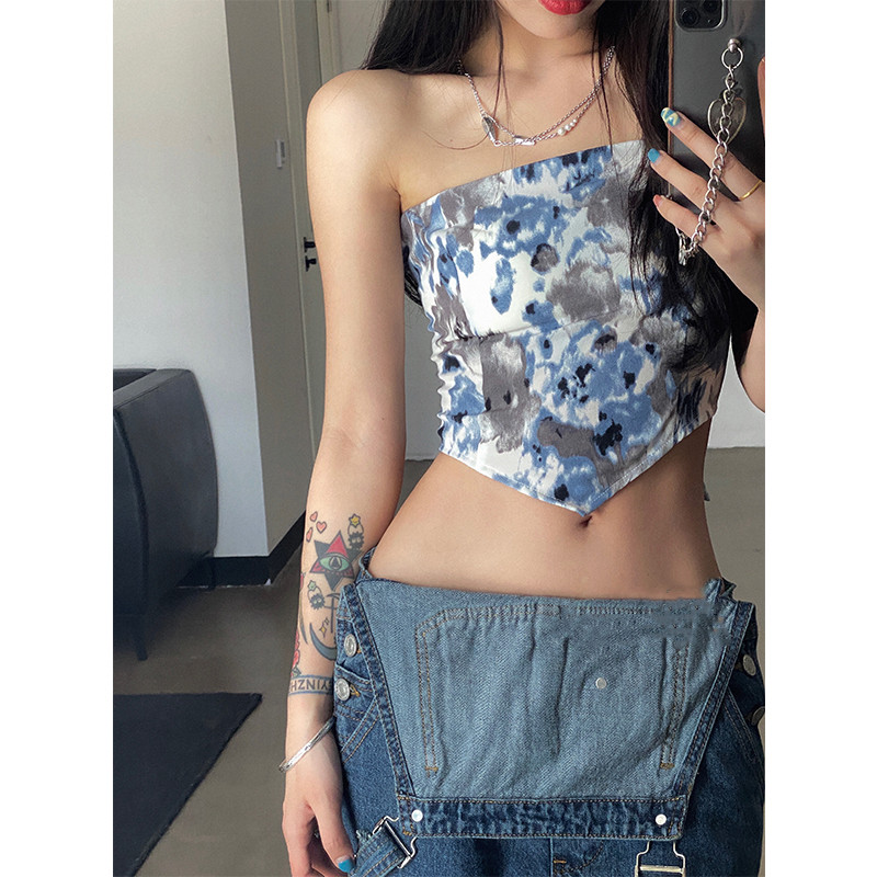 扎染短款辣妹抹胸吊带背心设计感