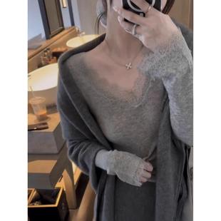 高级感灰色V领蕾丝打底衫女秋冬款皮草内搭叠穿小衫独特别致上衣