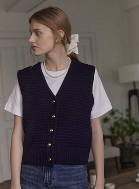 26春夏复古学院风V领针织马甲背心藏蓝色气质简约外搭毛衣坎肩女