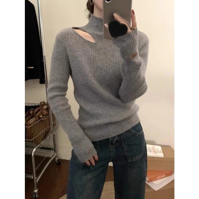 半高领灰色毛衣打底衫女