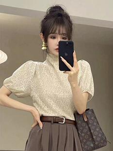 蕾丝烫钻泡泡短袖 温柔气质显瘦高领打底衫 小衫 新款 上衣 女夏季 法式