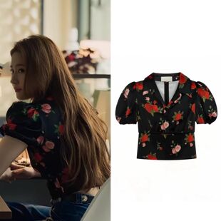 玫瑰的故事刘亦菲黄亦枚同款法式印花泡泡袖气质短衬衫甜美风衬衣