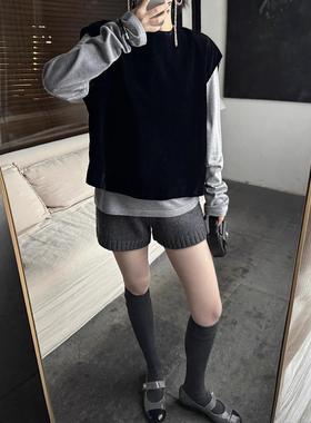 bf慵懒风休闲深灰色针织短裤女秋冬高腰显瘦毛线休闲裤打底直筒裤