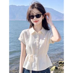 韩系气质Polo领短袖衬衫女夏季时髦洋气系带收腰显瘦遮肉百搭上衣