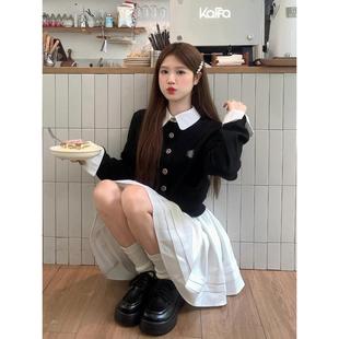 学院风早秋穿搭一整套撞色拼接假两件开衫 毛衣百褶半身裙子两件套