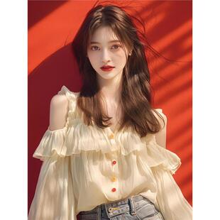 娃娃衫 衬衫 上衣服 女早秋荷叶边高级感挖肩法式 今年流行漂亮雪纺衫