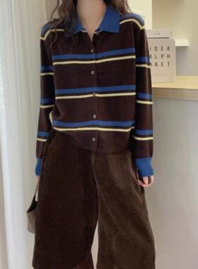 单排扣复古撞色针织开衫舒适羊绒长袖休闲2025秋季条纹上衣新款女