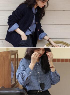 蓝色格纹衬衫女高级感轻奢减龄洋气叠穿内搭衬衣独特巨好看的上衣