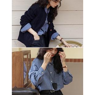 蓝色格纹衬衫女高级感轻奢减龄洋气叠穿内搭衬衣独特巨好看的上衣
