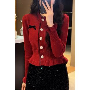 韩版小香风蝴蝶结亮闪闪毛衣女2025秋冬法式气质收腰短款针织开衫