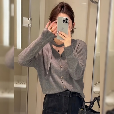 飘带挂脖毛衣针织开衫