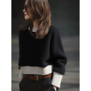 毛衣女高级感山羊绒衫 圆领拼色短款 宽松慵懒针织打底 新款 2025冬季