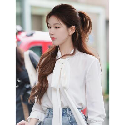 赵露思同款白色飘带衬衫