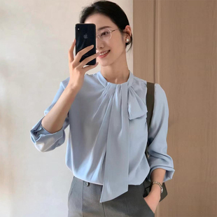 设计感小众长袖 职场穿搭法式 新款 女秋季 上衣立领别致衬衣 飘带衬衫