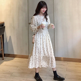 Váy nữ 2018 phiên bản Hàn Quốc khí chất eo cao hoa sen hoang dã đèn lồng dài tay mùa thu sinh viên đan yếm váy