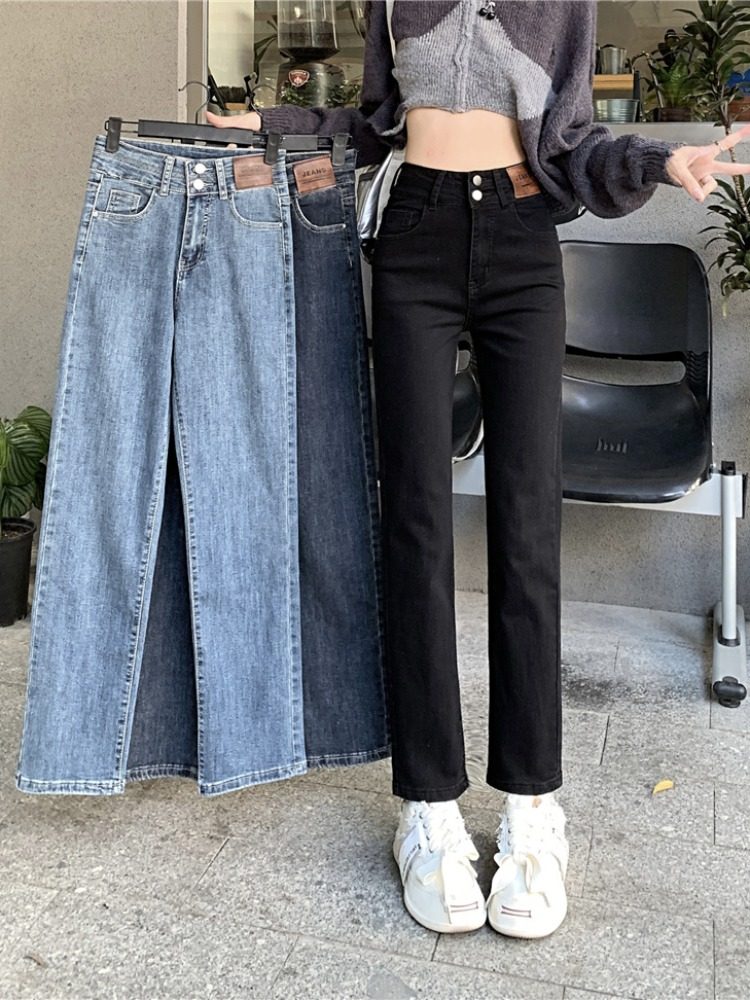 SUMMER 2024 NEW HIGH-WAISTED SLIM SMALL STRAIGHT CROPPED PANTS WOMENS LOOSE DENIM PIPE PANTS SPRING AND AUTUMN
