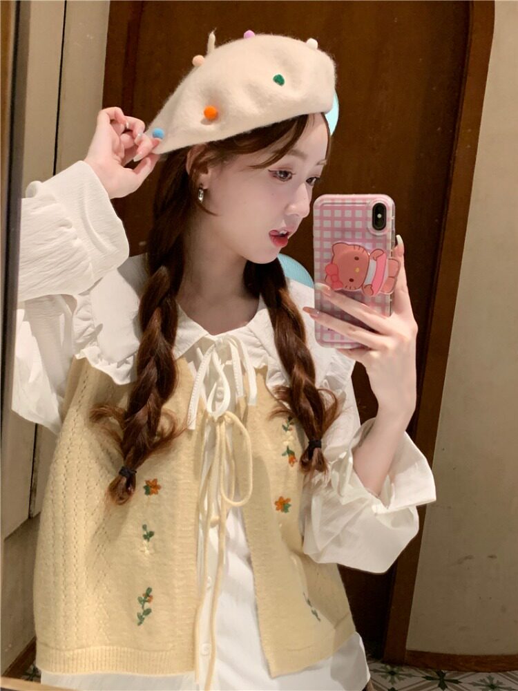 올해 인기 정장 여성 신작 인형 탑 2023 가을 니트 스웨터 조끼 패션 투피스 세트