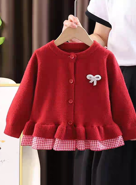 女童开衫毛衣安哥拉红荷叶边儿童针织衫女宝宝圆领毛线衣洋气上衣