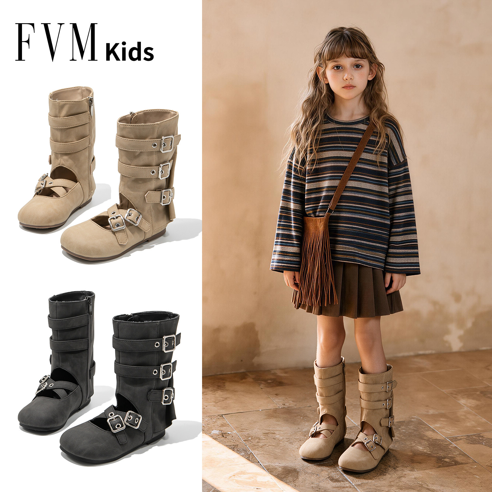 FVM女童鞋子儿童公主马丁皮靴子