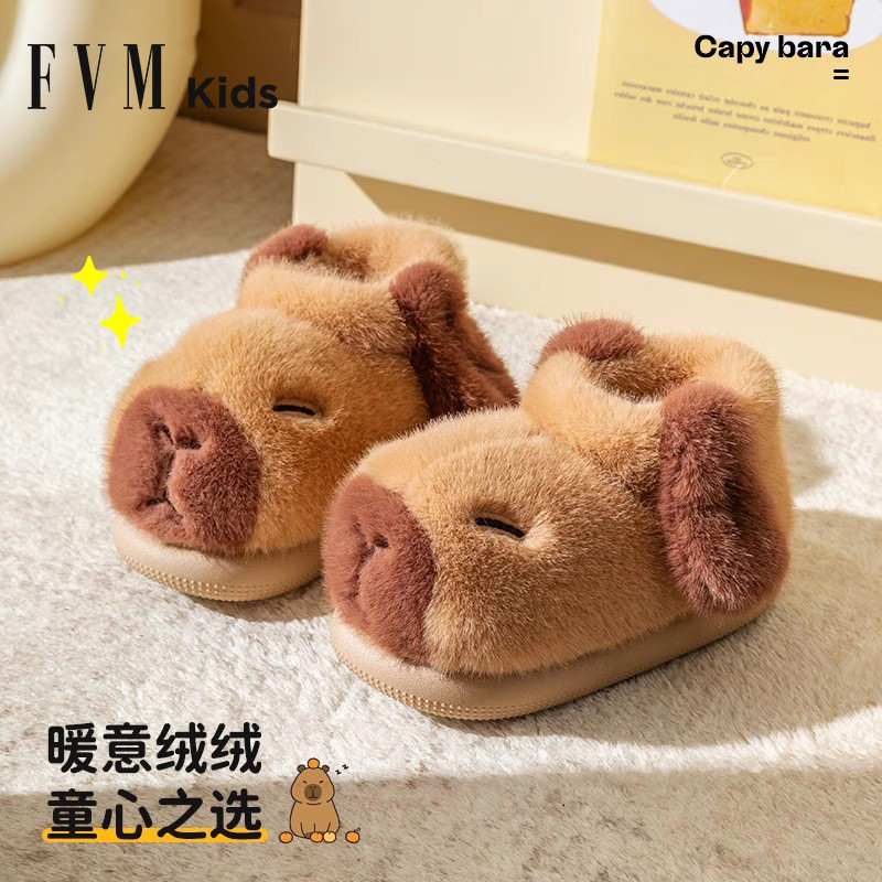 FVM儿童棉鞋秋冬季女童家居可爱卡皮巴拉小孩保暖加绒毛拖鞋包跟