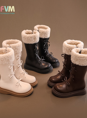 女童鞋子儿童长筒长靴子2025冬季新款高筒公主皮靴加绒洋气雪地靴