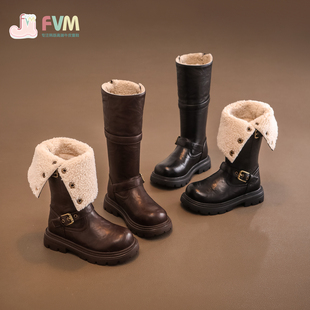 女童鞋子儿童马丁长筒长靴子2026新款秋冬季加绒雪地加厚黑色冬靴