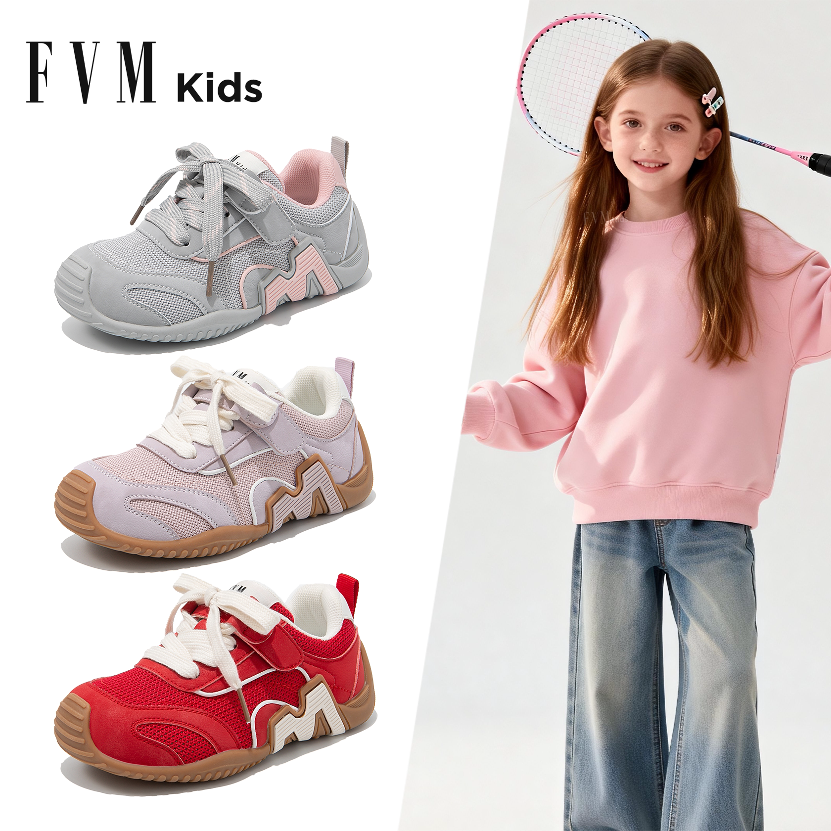 FVM女童鞋子儿童运动德训网鞋2026新款春季阿甘大童轻便软底跑步