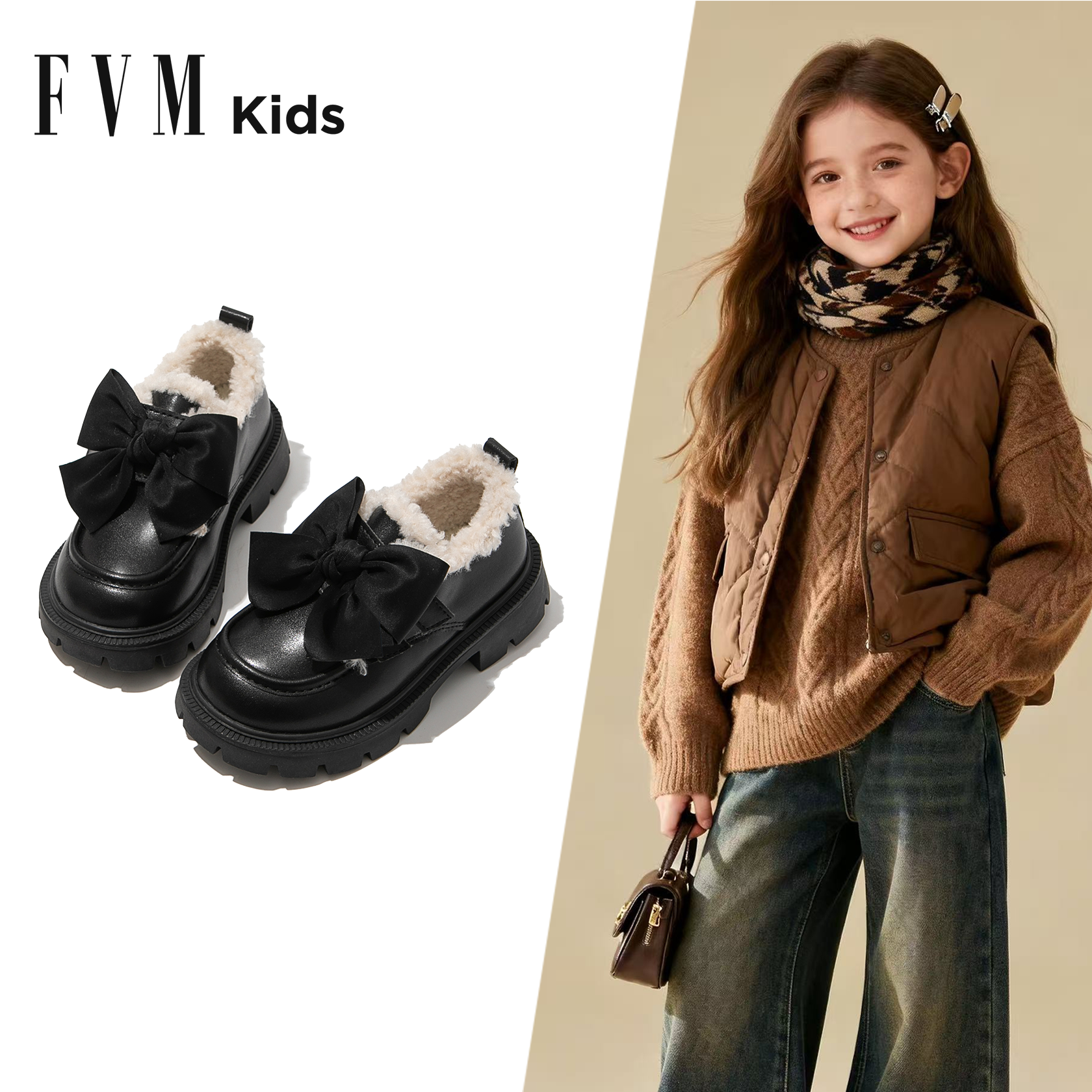 FVM女童棉鞋儿童加绒皮鞋冬季