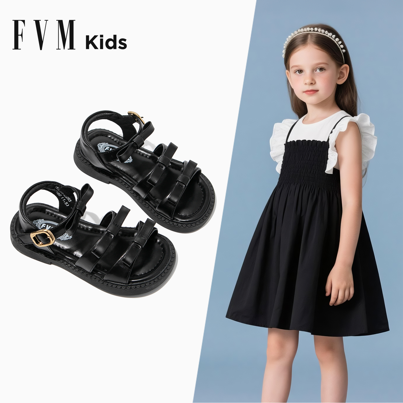 FVM女童黑色公主凉鞋儿童超火软底鞋子2025新款夏季夏款洋气女孩