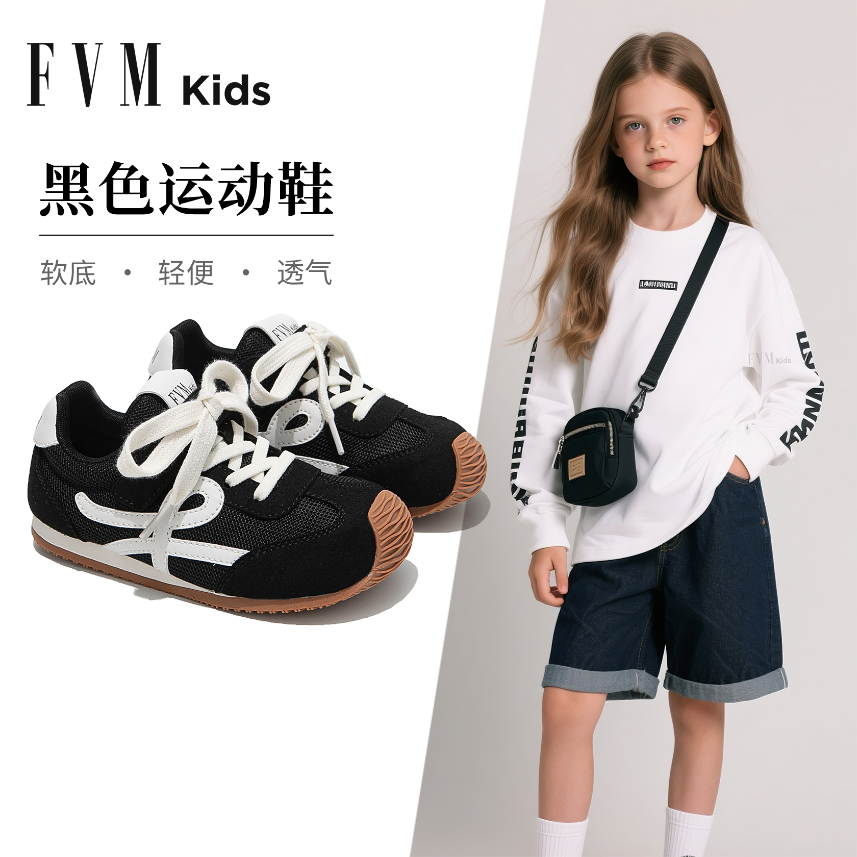 FVM女童鞋子儿童黑色运动鞋2025春秋季新款软底德训耐脏学生轻便