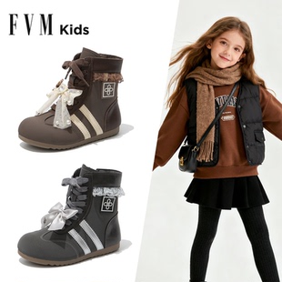 女童靴子儿童马丁靴2025秋冬新款女孩中筒拳击德训公主加绒小皮靴