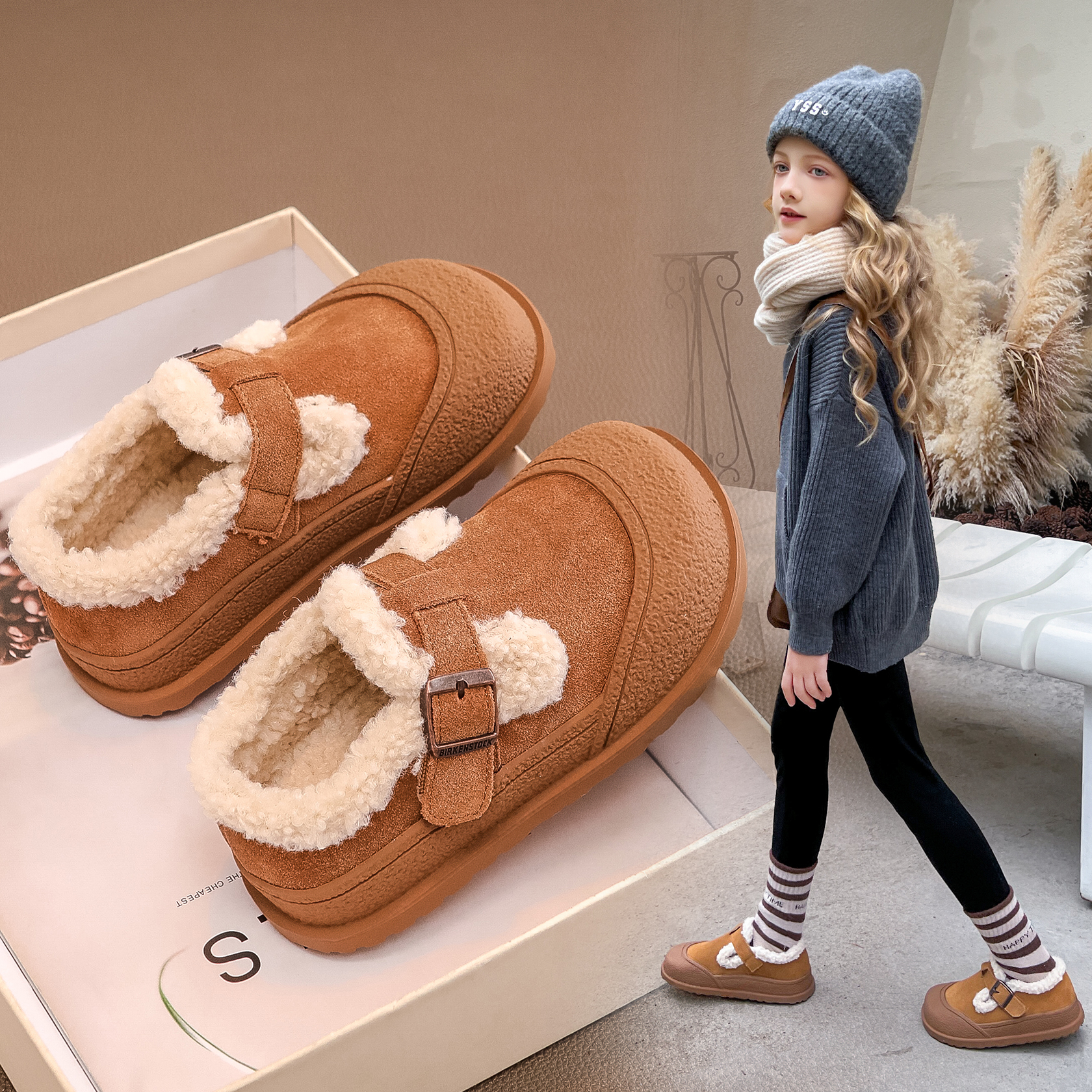 公主皮鞋秋冬新款加绒勃肯毛毛鞋