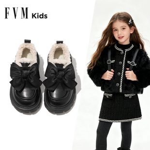 FVM女童鞋子儿童棉鞋2025冬季新款黑色加绒皮鞋软底宝宝乐福鞋女