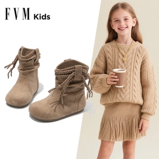 女童靴子儿童公主马丁靴2025新款秋冬季中筒洋气勃肯流苏堆堆皮靴