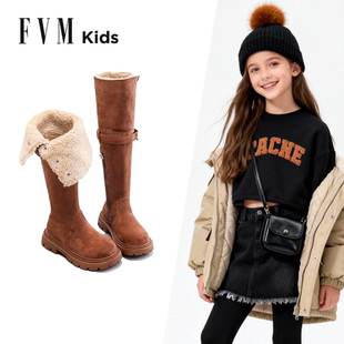 FVM女童靴子加绒长筒靴2025新款冬季儿童高筒雪地靴大童百搭冬靴