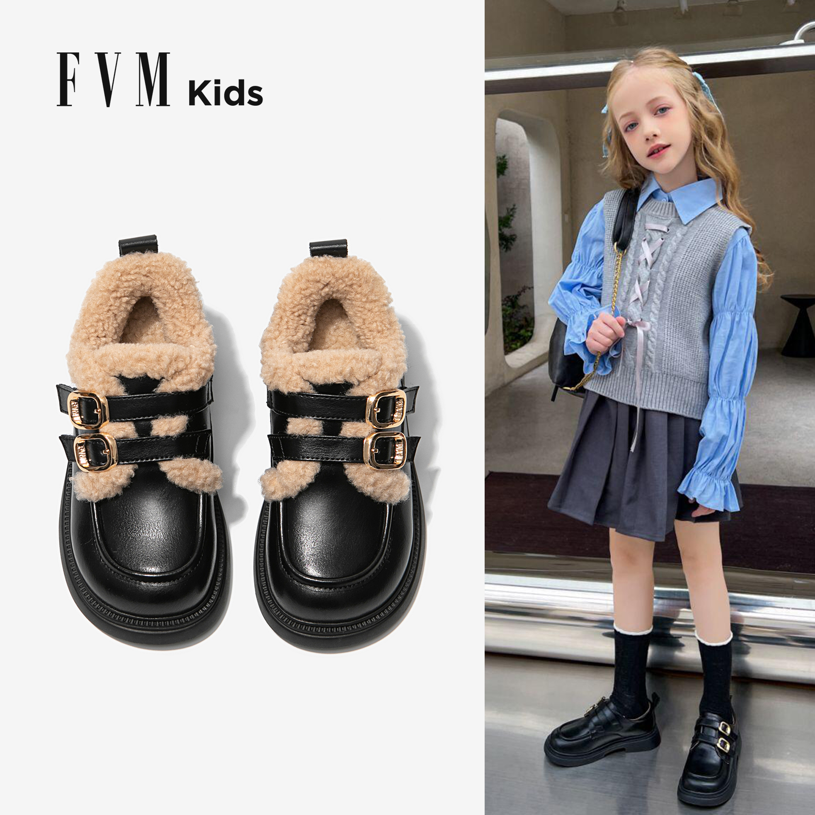 FVM女童鞋子加绒加厚棉鞋皮鞋