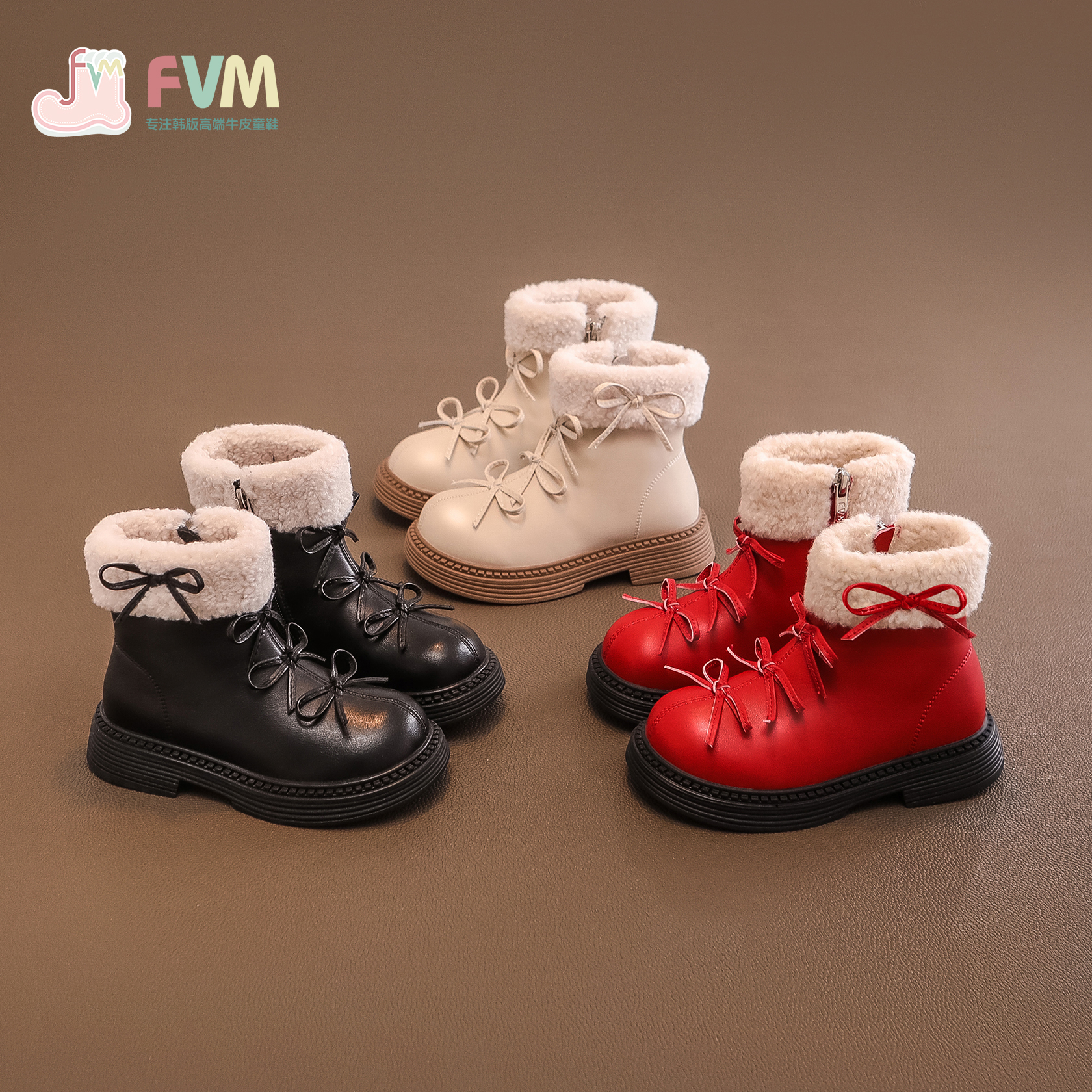 FVM女童公主小皮鞋加绒黑色单鞋