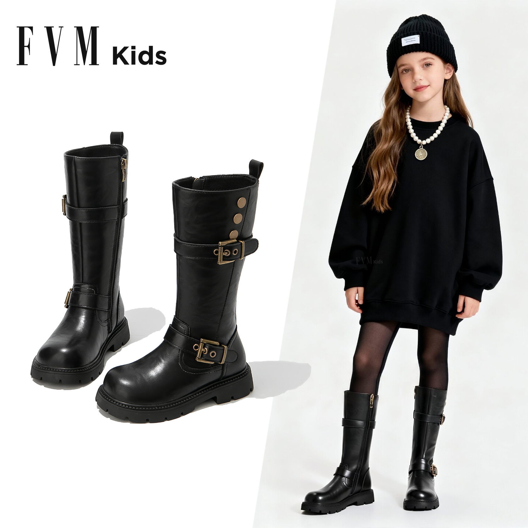 女童鞋子儿童加绒长筒长靴子2025新款秋冬季女孩黑色高筒马丁皮靴